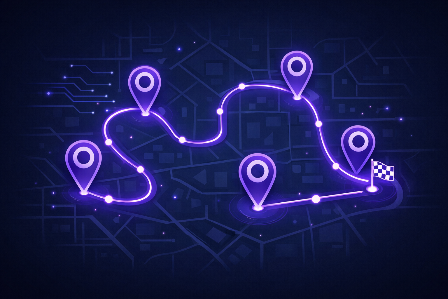 AI route optimization with glowing violet paths connecting service stops on a map